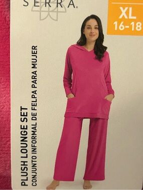 SERRA Plush Pink Lounge Set - Hooded Top & Wide Leg Pants size XL  16/18